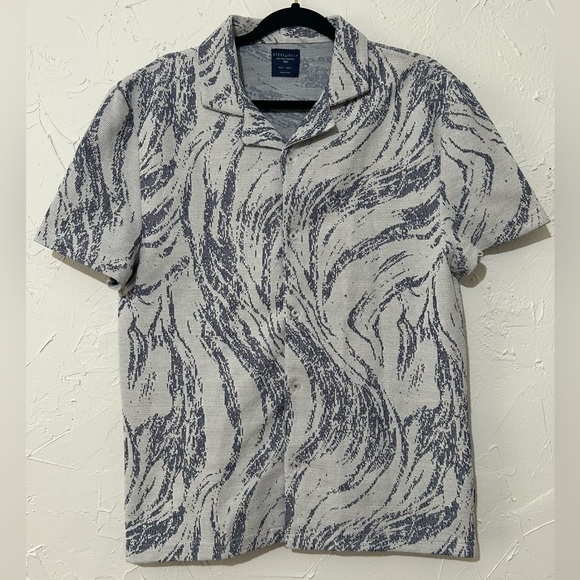 Steel & Jelly Men’s Pinner Wave Effect Short Sleeve Blue Shirt Sz Medium - Picture 2 of 9